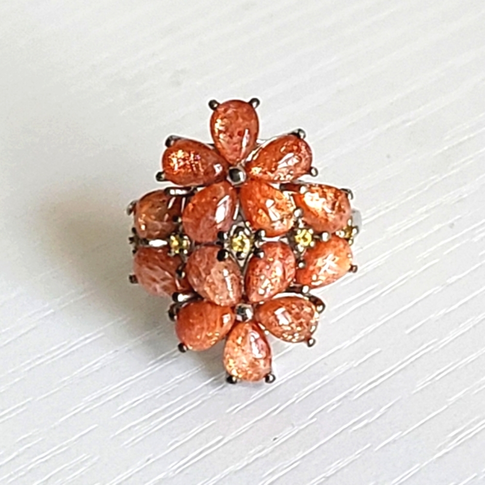 Vintage Boho Chunky Sterling Silver Orange Sunstone Flower Fall Cocktail Ring